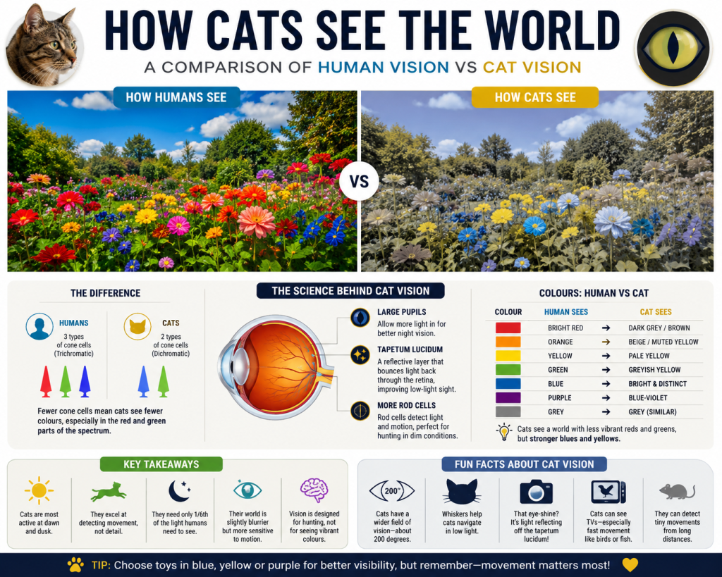 Infographic comparing how humans and cats see colours including blue, yellow, red and green.